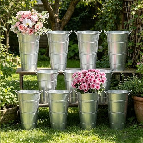 Galvanized Metal French Flower Bucket Vases, 10 Inch, 8 Pack