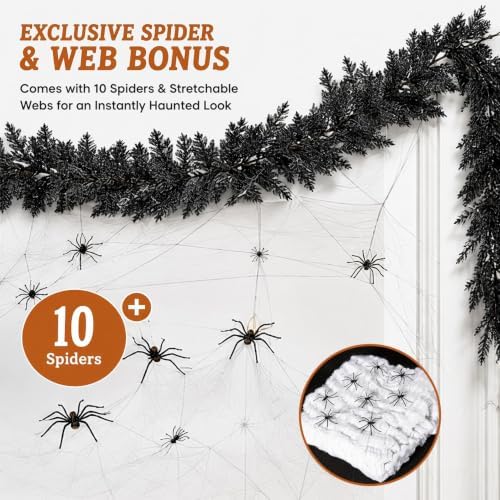6FT Black Halloween Garland, Spooky Cedar Hanging Vine with Spiders and Web