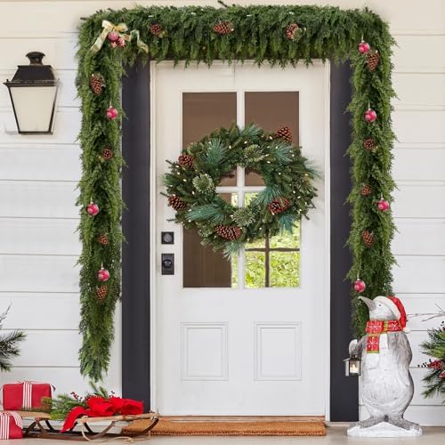 2PCS 6FT Christmas Cedar Garland with 160 Pine Branches, Realistic Faux Garland Artificial Greenery for Fireplace, Table, Mantle, Wall, Indoor, Outdoor,Home Decorations