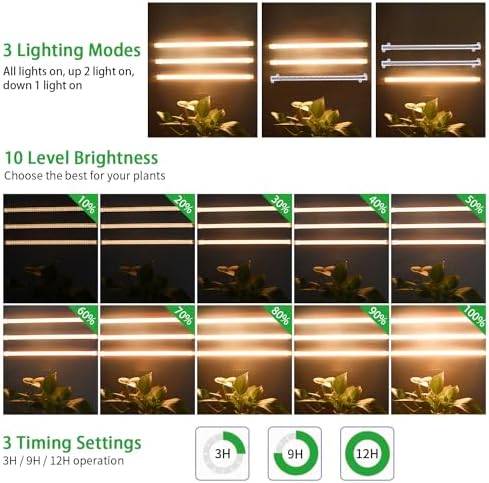 RWNTAO 13 Inches LED Grow Light Strips for Plant Shelf, 3500K Full Spectrum Plant Growing Lights for Indoor Plants, 144 LEDs Planting Lamp with 10 Dimmable Levels and 3/9/12H Timer, 3 Head