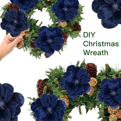 Sggvecsy 10Pcs Christmas Glitter Flowers Velvet Magnolia Flower Christmas Tree Ornaments Artificial Poinsettia Floral Picks for Xmas Wedding DIY Crafts Wreath Party Floral Decorations(Blue)