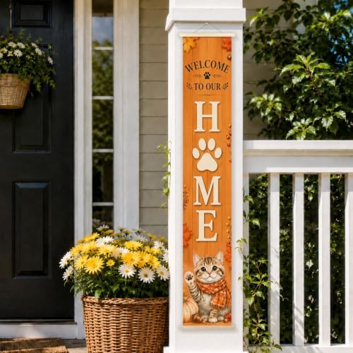 Fall Cat Welcome to Our Home Porch Door Banner Wall Decorations 8x47