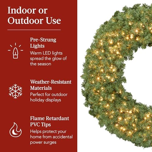 Best Choice Products 30in Large Artificial Pre-Lit Fir Christmas Wreath Holiday Accent Decoration for Door, Mantel w/Red Lighted Bow, 130 LED Lights, 220 PVC Tips, Power Plug-in