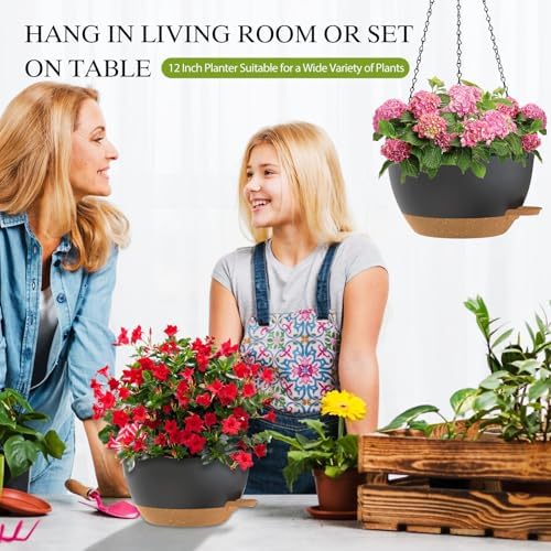 12 Inch Hanging Baskets 2 PC with Chains, Self-Watering Hanging Planters for Indoor Outdoor Plants, Plastic Hanging Flower Pots,Black Brown