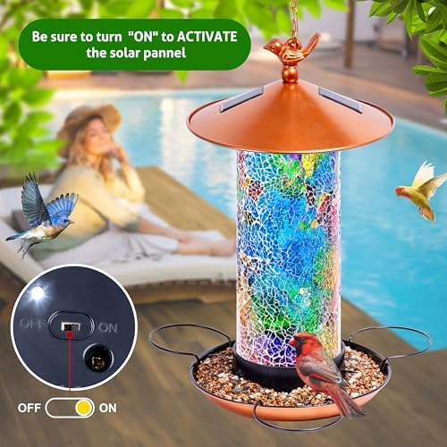 XDW-GIFTS Mosaic Solar Bird Feeder, Waterproof Lantern Shape with Hook & 4 LED Lights, Garden Decor for Lawn, Patio, Balcony, Yard Ornament - Unique Gifts for Mom,Women,Grandma,Bird Lovers