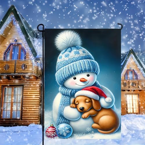 BlissYard Garden Flag Dachshund Snowman Winter 12x18 Inch Polyester