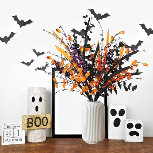 Sggvecsy 6 Pcs Artificial Halloween Stem with Berries Teeth Black Orange Leaves Faux Picks Decorative Twigs for Flower Arrangemant Table Centerpiece Halloween DIY Crafts Festival Home Decoration