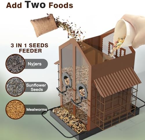 FlowaFoli Bird Feeders for Outdoors, Metal Bird Feeder with Double Suet Cage Weatherproof Metal Roof, 2 in 1 Mixed Seeds Suet Feeder, 4Lbs Large Capacity, Great for Finch、Cardinal、Chickadee（Brown）