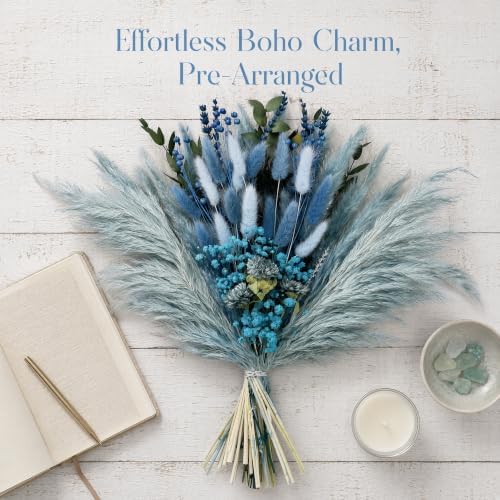 Umero Dusty Blue Pampas Grass Bouquet, 17" Boho Dried Flower Arrangement