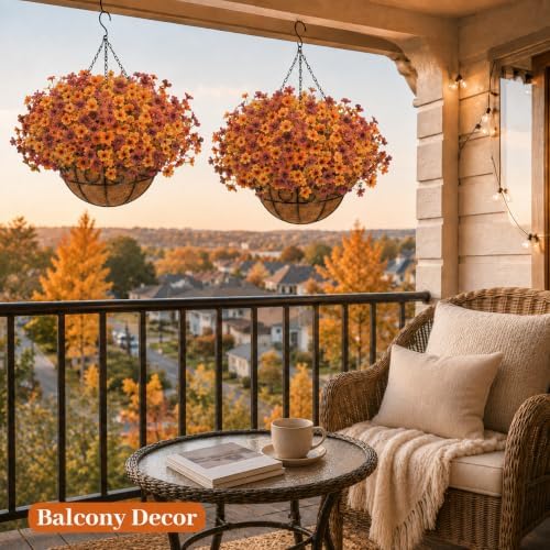 2 Set Artfiticial Fall Hanging Baskets Outdoor,Autumn Porch Decor,YellowRed