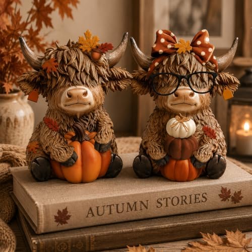 Karenhi 2 Pcs Fall Highland Cow Figurines Resin, Autumn Tabletop Decor
