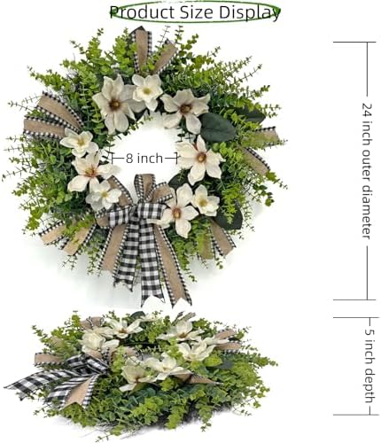 24 Inch Artificial Magnolia Wreath for Front Door – Farmhouse Boxwood Greenery Wreath with Buffalo Plaid Bow, Year-Round Rustic Home Wall Decor for Porch, Entryway, Living Room
