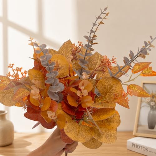 lovemoon 130 Pcs Fall Mixed Greenery Artificial Eucalyptus Stems, Orange
