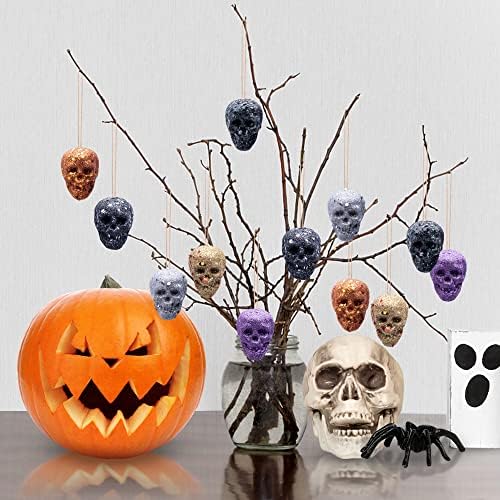18 Pcs Mini Glitter Hanging Skull Heads, Halloween Skull Hanging Ornament