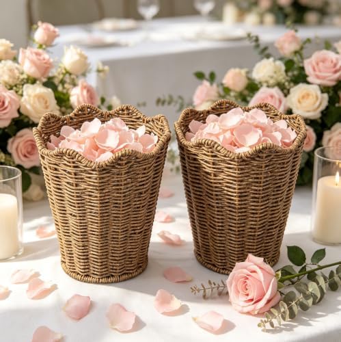 Rattan Planter, Woven Planter Basket for Plants Indoor Outdoor, Rattan Flower Pot, Decorative Plant Holder Basket for Garden Patio Boho Home Decor (Brown&with Base-8.66" H x 7.48" W)