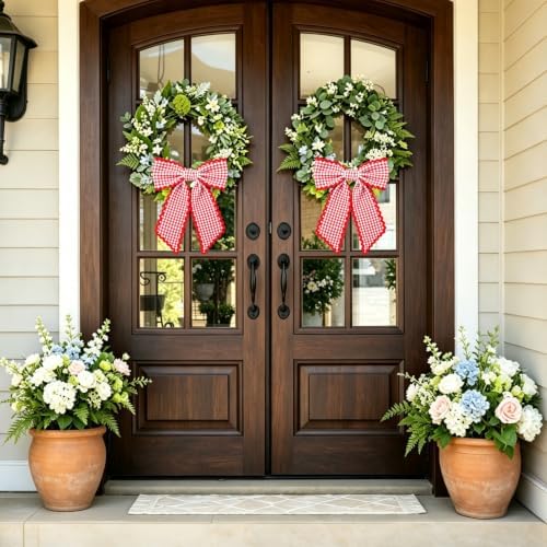 Wreath Sash for Front Door, 2 Pcs Red Gingham Wreaths Scarf Decor