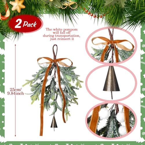 Suncalla 2 Pcs Christmas Mistletoe Ornament Artificial with Bow Bells