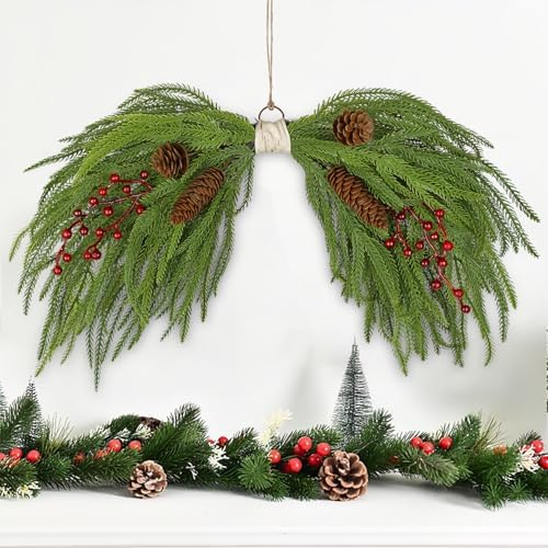 Artificial Christmas Swags with Norfolk Pine, Red Berries and Pinecones, 24" Christmas Thanksgiving Decorations for Front Door, Mantel, Staircase, Window, Xmas Décor
