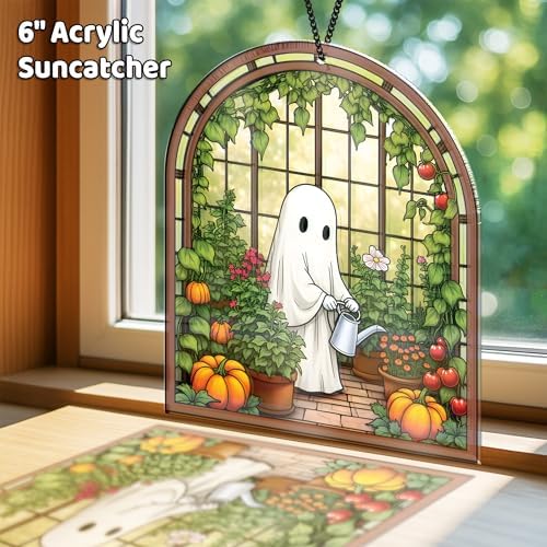 2 Cute Boo Halloween Decoration, Spooky Ghost & Black Cat Plant Suncatchers