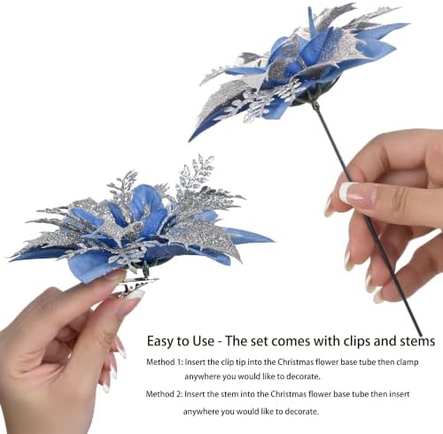 15PCS Artificial Christmas Poinsettia Flowers with Clips and Stems, 5.5 Inch Glitter Blue Xmas Tree Decorations, Holiday Poinsettia Picks Ornaments for Christmas Tree, Wreaths, Garlands & Home