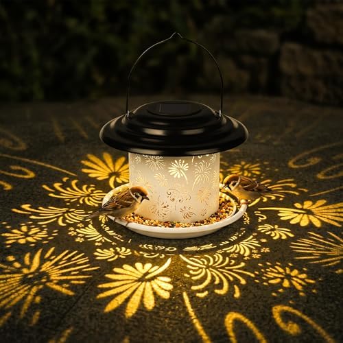 Black White Solar Bird Feeders for Outdoors, Weatherproof Metal Bird Feeder