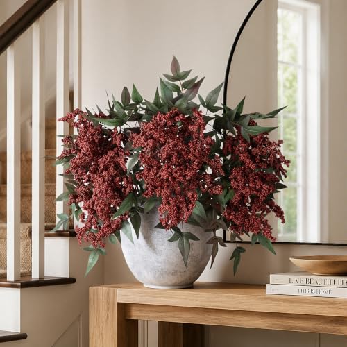 Artificial Flowers 35 Inch Artificial Nandina Berry Stem 3 Pcs Faux Flowers for Vase Realistic Sedum Spray for DIY Bouquet, Shower, Farmhouse, Mantel, Home Decor(Burgundy)