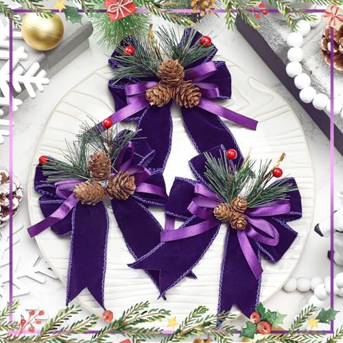 Syhood 6 Pcs Christmas Bows Xmas Velvet Bows Tree Decor, Purple