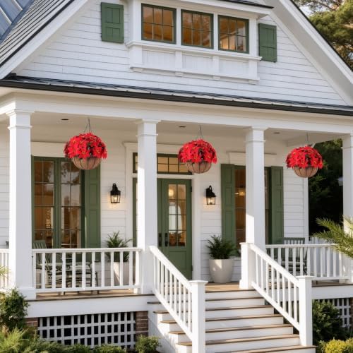 Set of 2 Artificial Poinsettia Hanging Baskets, UV Resistant Fake Red Christmas Flowers, Faux Xmas Floral Arrangement for Front Porch Patio Outdoor Holiday Decor