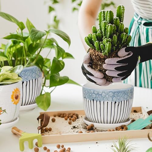 Hlukana Ceramic Plant Pots Set of 3, 6.75/5.6/4.2 inch Planters with Drainage Holes and Saucer, Flower Pot Outdoor Indoor, Modern Decorative Planters for House Plants Garden Planters Succulent Pots