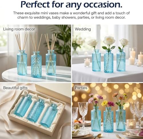 Glass Bud Vases 30 Pack, Small Blue Flower Vases for Centerpieces in Bulk