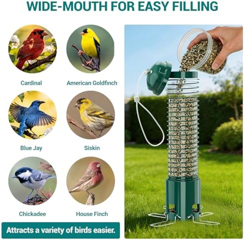 Squirrel Proof Bird Feeder, Metal Bird Feeders for Outdoors Hanging, 3.6LB Large Seeds Capacity for Wild Birds, Finch, Cardinal, Blue Jay, Chickadee, Green