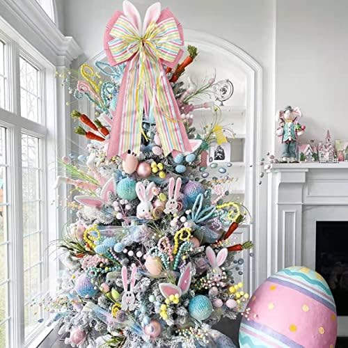 Easter Bows for Wreaths Decorations,Easter Tree Topper Bow,Decorative Bow with Bunny Ears Pink Burlap for Spring Home Front Door Outdoor