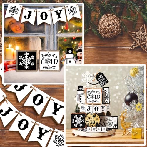 Fairysandy 15 Pcs Christmas Snowman Tiered Tray Decor Winter Wooden Sign