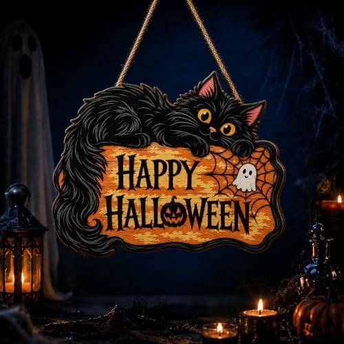 Halloween Door Sign, Wooden Black Cat Happy Halloween Hanging Wreath Plaque