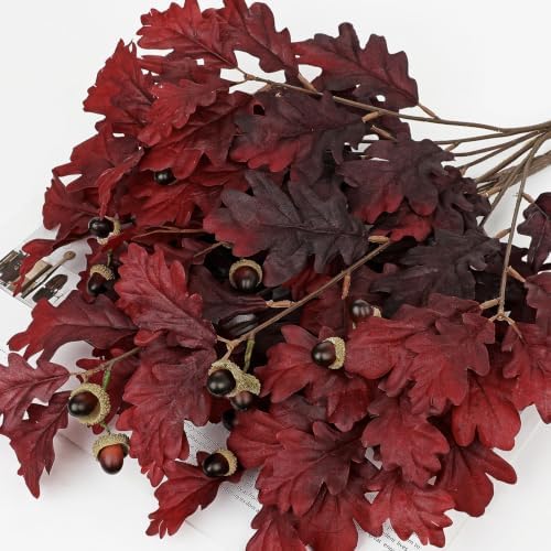 Faux Oak Leaf Branches with Acorns, 2Bundles Fall Stems for Vase, Burgundy