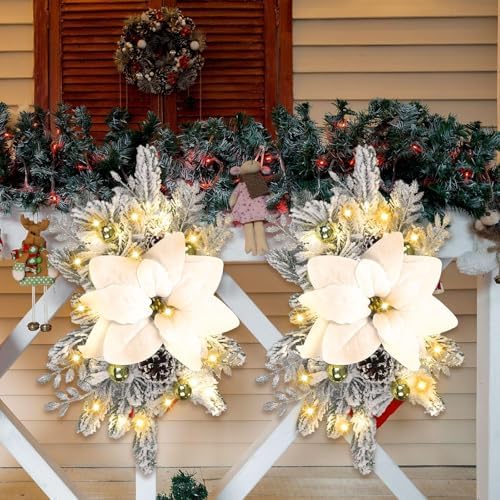Hotop 3Pcs Artificial Christmas Swags 17.7" Lighted Berries, Champagne Gold