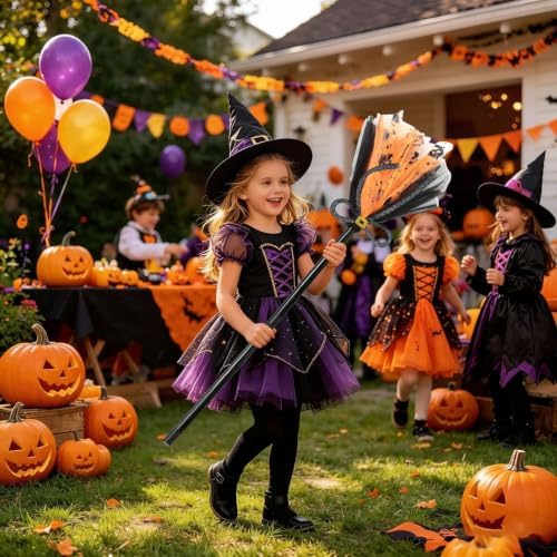 Halloween Witches Broom, Purple Wizard Broom for Halloween Decorations, Plastic Spider Broom Witch Broomstick, Halloween Witch Decoration Props, Witch Costume Accessories (Black#B)