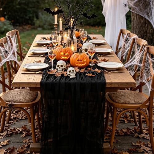 Black Table Runner, 10FT Black Cheesecloth Halloween Table Runner 35*120inch Boho Runner for Halloween Indoor Table Kitchen Party Decorations