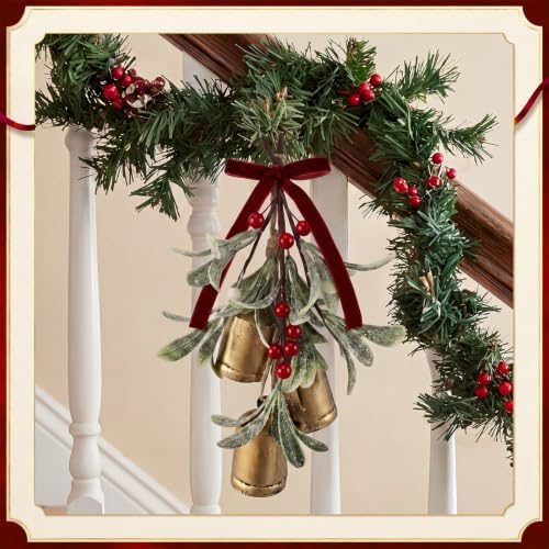 Tigeen 1 Pcs Christmas Mistletoe 3 Bells Bow Hanging Ornament, Wine Red