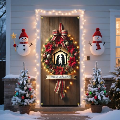 Nativity Scene Poinsettia Plaid Bow Christmas Door Cover 35x71in