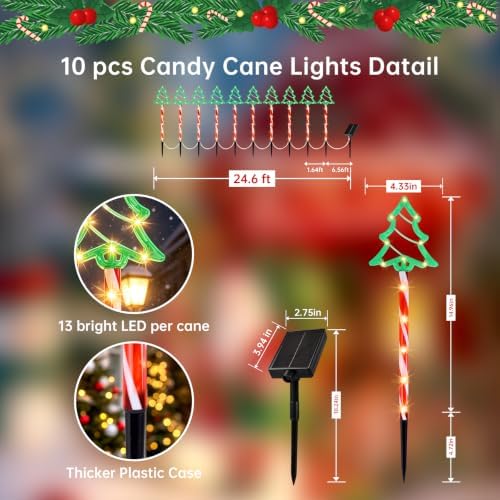 Solar Christmas Tree Pathway Lights Outdoor, 10 Pack Tree Candy Cane Lights