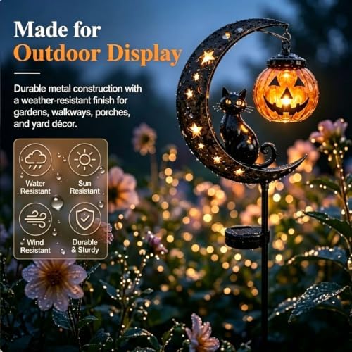 Solar Halloween Black Cat Pumpkin Moon Garden Stake Light, Halloween Lamps