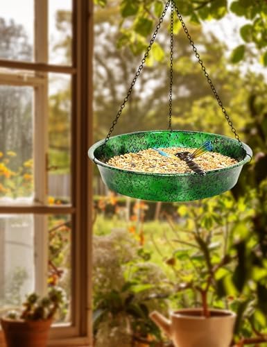 Hanging Bird Bath & Feeder, 11.5" Metallic Green/Blue Metal Birdbath Bowl