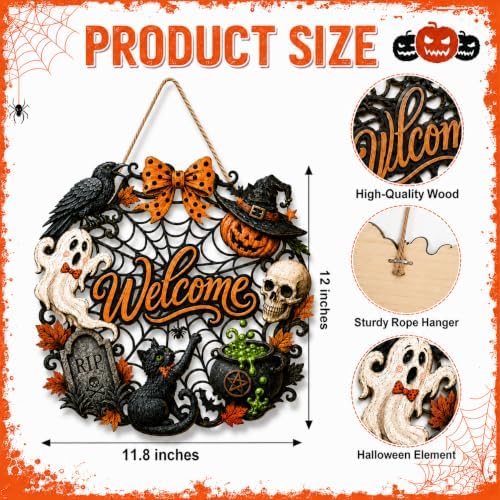 Halloween Wreath for Front Door, Wooden Welcome Sign, Black Cat and Ghost