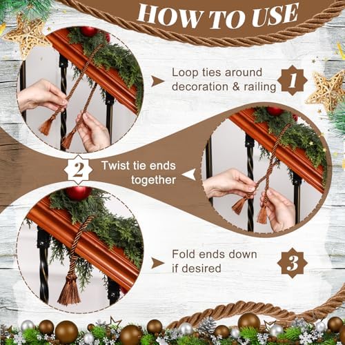 Dingion 20 Pcs Christmas Garland Decorative Banister Ties with Tassel 25.2 Inches Christmas Reusable Twist Ties for Garland Fireplace Staircase Banister Home Xmas Holiday Decorations(Brown)