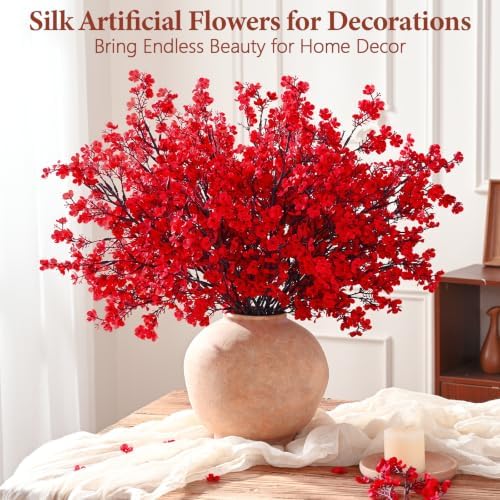 Yastouay 30 Pcs Baby Breath Flowers Artificial Bulk, Fake Fall Flowers, Red