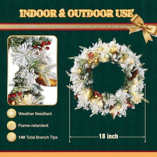 VINGLI 18" Flocked Christmas Wreath 2 Pack with Battery LED Lights