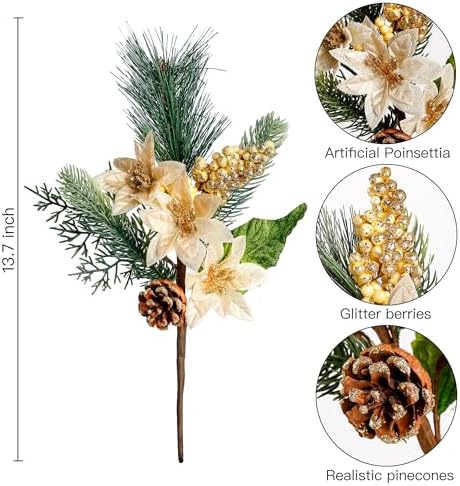 Sggvecsy 6 Pack Artificial Christmas Poinsettia Picks With Faux Berries, Pine Stems, Branches and Cones for Xmas Tree Wreath DIY Craft Floral Arrangement Holiday Decor (Gold)