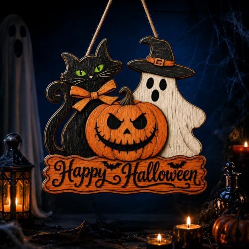 Halloween Door Sign, Wooden Black Cat Ghost Pumpkin Happy Halloween Wreath
