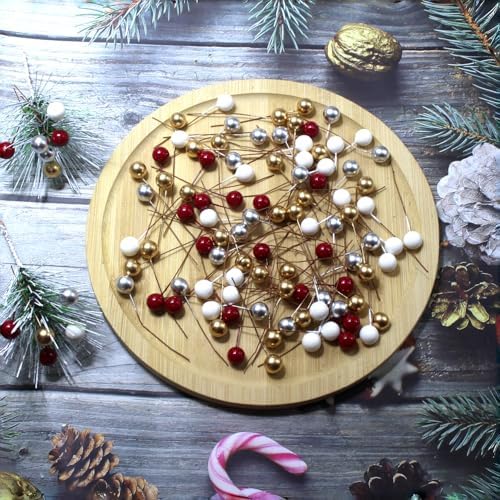 DoubleWood Artificial Holly Berries with Wire Stems, 400Pcs Red Mini Berry Picks, 10mm Fake Berries for Crafts, Artificial Berries for Christmas Tree Wreath Decor (400, Red, Gold, Silver, White)